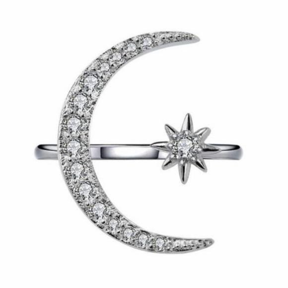 NEW SILVER DIAMOND MOON STAR ADJUSTABLE RING, CUTE RING, SHINY RING. - Picture 3 of 4